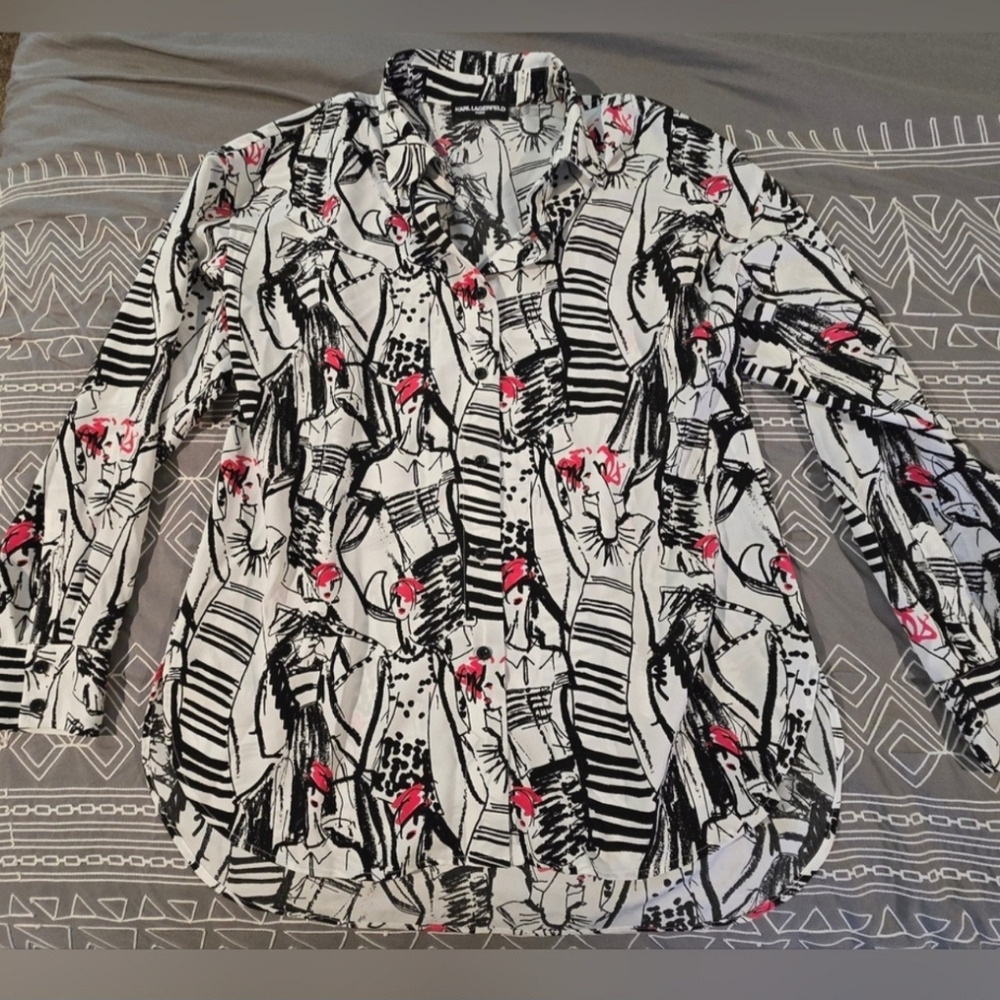 Karl Lagerfeld Black and White Button Down with Pink Highlights